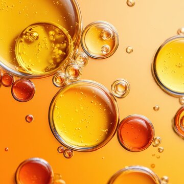Macro abstract background of yellow and orange oil droplets in water