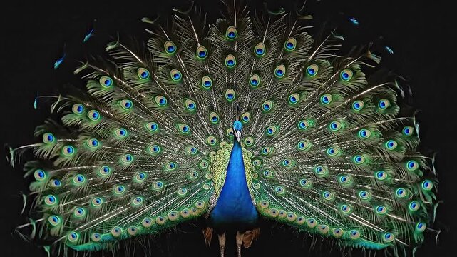 Magnificent Peacock Displaying Feathers on Black Background