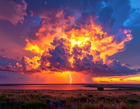 Intense, fiery storm cloud over a calm lake at sunset, lightning