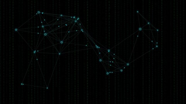 Futuristic Hacker HUD Interface with Matrix Code and Network Plexus