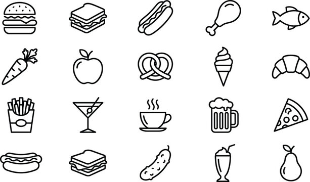 Food and drink icons set burger sandwich coffee beer pizza fruit outline vector illustration collection menu restaurant design elements