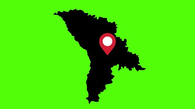 Moldova Map with Location Marker: Silhouette of Moldova with a red location marker, highlighting a specific point on the country's map against a vibrant green backdrop.