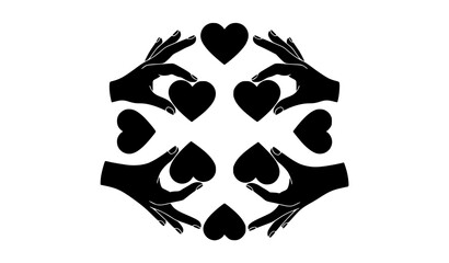 Fototapeta premium Circular hands holding hearts black silhouette vector with white outlines flat minimal design
