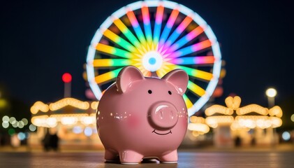 Obraz premium Piggy Bank's Dream: A pink piggy bank, stands proudly against a backdrop of a vibrant Ferris wheel, it's a dream of a world of savings, fun and ambition. 