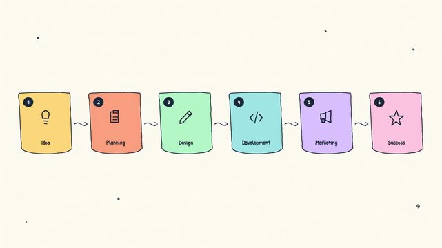 Illustrative project development lifecycle showcasing six essential stages from conceptualization to successful product launch