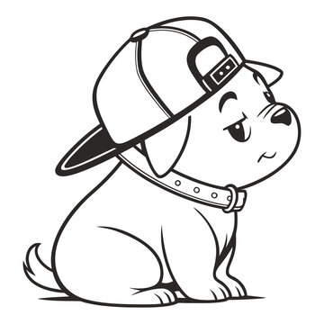 Cute Cartoon Puppy Wearing a Backwards Baseball Cap Line Art Vector