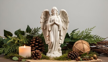 Fototapeta premium Serene Angel with Candle and Nature: A serene angelic figure stands surrounded by natural elements, illuminated by the gentle glow of a candle, creating a peaceful and spiritual ambiance.