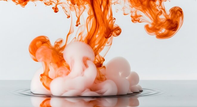 Abstract orange liquid blending into white foamy forms against a white backdrop