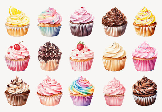 Colorful Cupcakes With Various Toppings Element Design Set