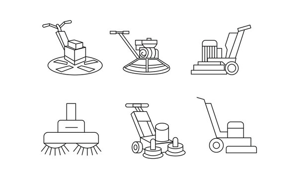 Industrial floor polishing and grinding machine icon set for concrete surface treatment equipment.Editable stroke, Vector illustration, Line art Icon, Symbols.