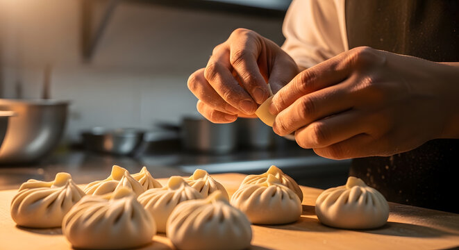 Close up view of chef hands carefully folding and pleating fresh dough for traditional dumplings on a wooden board