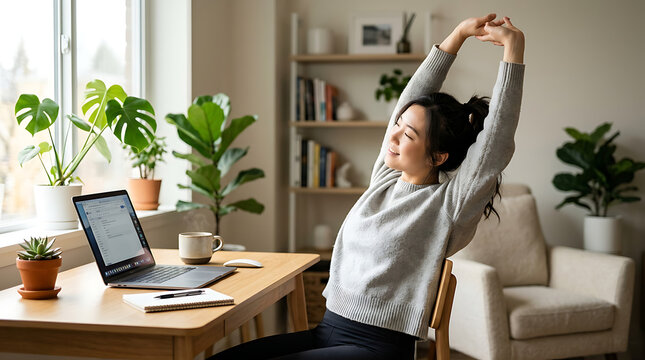 Woman stretching at her desk happily.