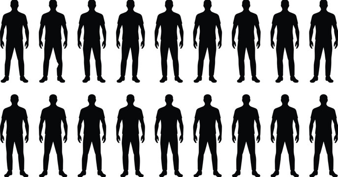 Set of human silhouette figures standing men icons isolated collection black shadow people vector template diversity uniform pose design pack