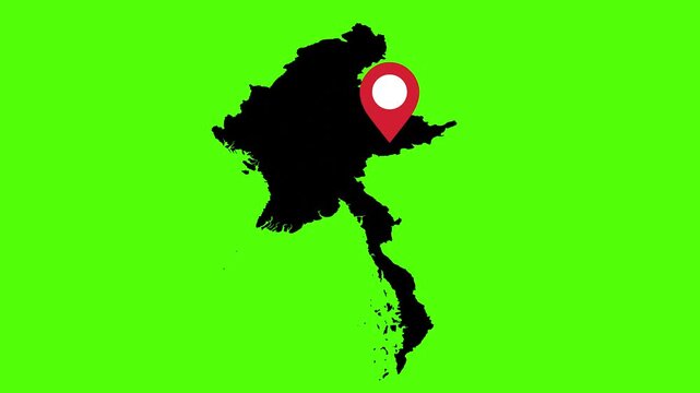 Myanmar Map with Pinpoint: A symbolic representation of Myanmar's outline, enhanced by a pinpoint marker, set against a vibrant green backdrop, perfect for geography, travel.