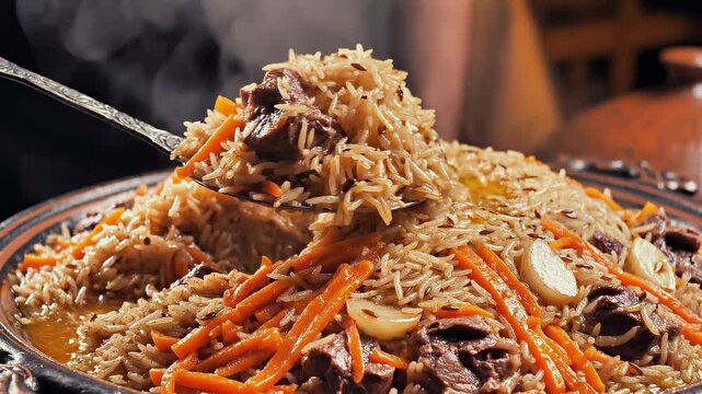 Pilaf in a cauldron. Pilaf served with meat and rice close-up in dish, showing textured grains and carrots during hot meal presentation with traditional cuisine concept, hearty homemade food appeal