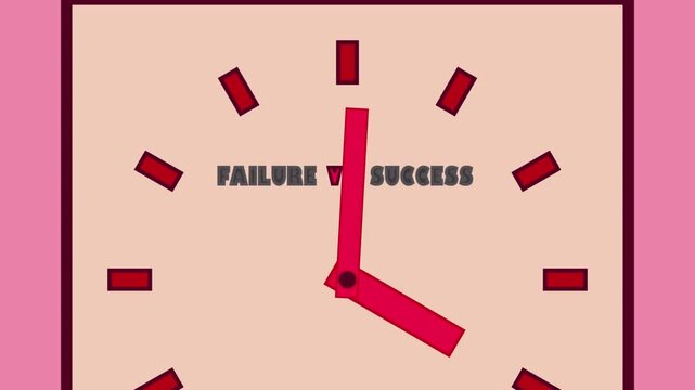 Animated clock face with moving hands symbolizes time passing. Text Failure versus Success appears, illustrating life choices leading to different outcomes