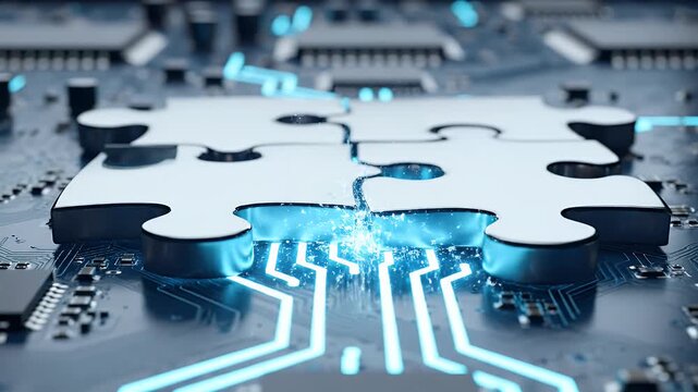 A silver puzzle piece rests on a complex circuit board, symbolizing connection and problem-solving in the digital age.