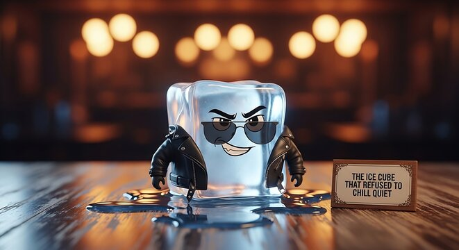 Cool Ice Cube Character with Sunglasses and Jacket on Bar.