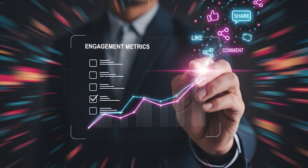 Naklejka premium Social media engagement metrics and data analysis showing businessman drawing growth chart with like and share icons