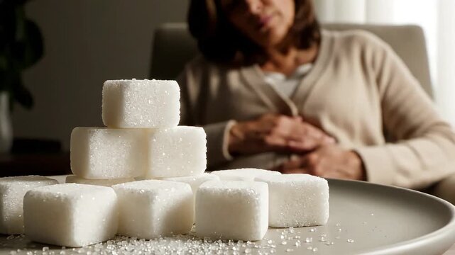 A woman experiencing diabetes mellitus in the background, with a prominent stack of white sugar cubes on a plate in the foreground.