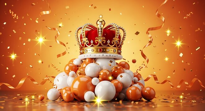 Golden crown atop pile of glossy orange and white spheres with sparkling confetti and ribbons.