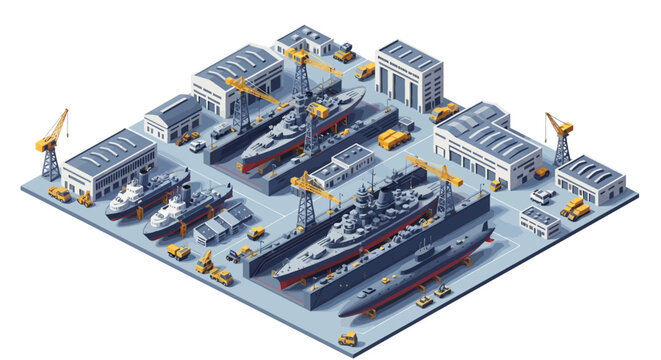 Isometric vector illustration shows a 3D military base with various naval vessels docked in a shipyard, complete with support buildings and cranes, rendered in a clean, modern style