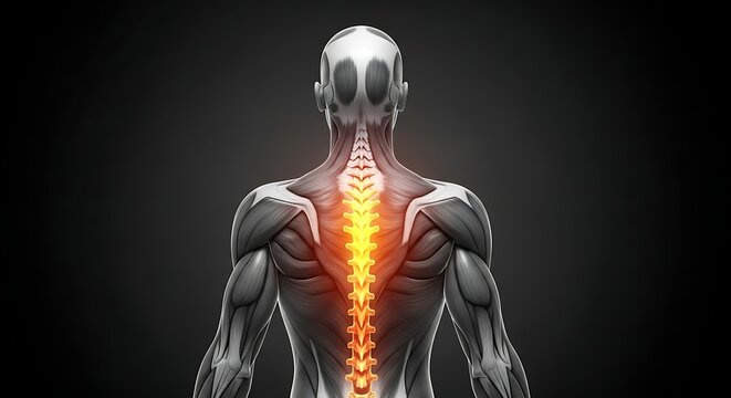 Human spine and back muscles glowing orange in an anatomical illustration.