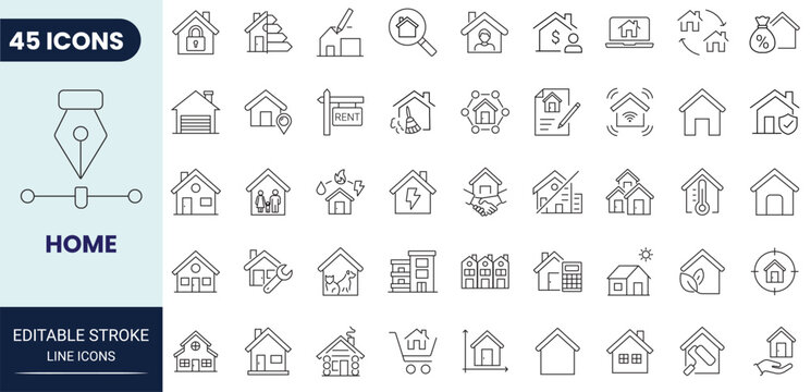 Home icon set in outline style. Editable stroke. Vector icon collection.