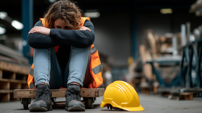 Melancholy at the Workplace: A construction worker, overcome with despondency, sits dejectedly amidst the tools of her trade, head bowed in a moment of quiet dejection.