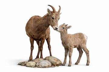 Fototapeta premium Female bighorn sheep ewe with a young lamb standing calmly beside rounded stones in a gentle wildlife family portrait