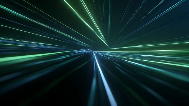 Abstract digital motion background featuring vibrant green and teal laser lines rushing toward a central point creating a cinematic warp speed effect for futuristic technology presentations.