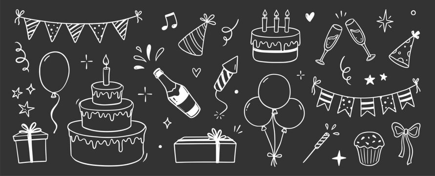 Birthday doodle icon element on chalkboard background. Hand drawn sketch doodle birthday cake, gift, event decoration element. Party, carnival celebration concept background. Vector illustration