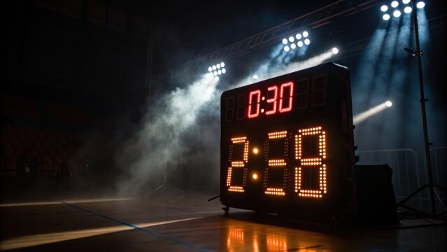An illuminated digital scoreboard displays game time and shot clock in a dimly lit indoor sports arena with spotlights and fog effects.