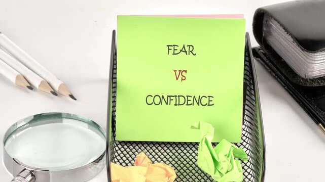 A green sticky note in a desk organizer shows Fear versus Confidence