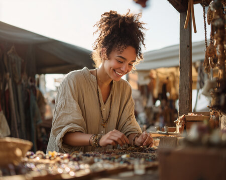 Young woman arranging handmade jewelry at a sunny outdoor artisan market stall