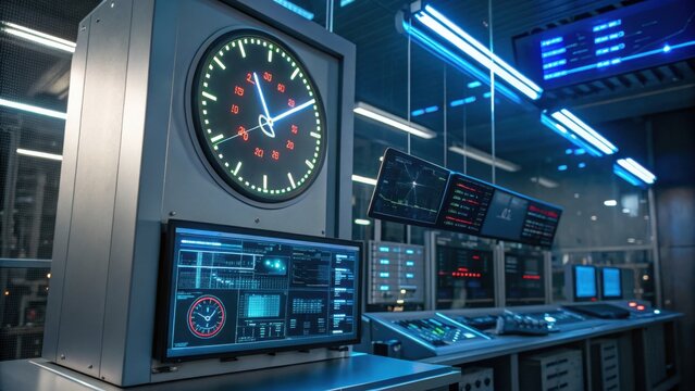 A high-tech control room featuring a large analog clock and multiple digital screens displaying data and system monitoring information.