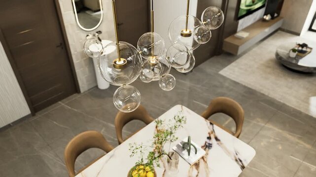 Elegant luxury hotel room interior featuring a sophisticated restaurant dining table setting with fine glass, flowers, and candles prepared for a celebration banquet or wedding reception dinner