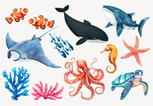 Colorful Marine Life Illustrations Element Design Collection