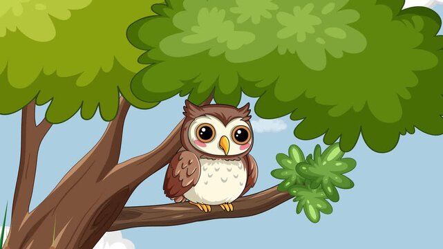 Cartoon Brown Owl Perched on Tree Branch with Educational Text