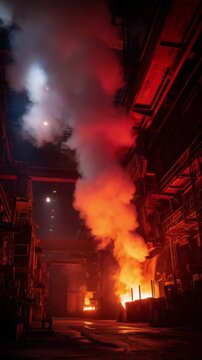 Nighttime metal smelting process in a factory with smoke and fire