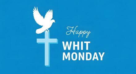 White dove perched on a light blue cross with Happy Whit Monday text bird