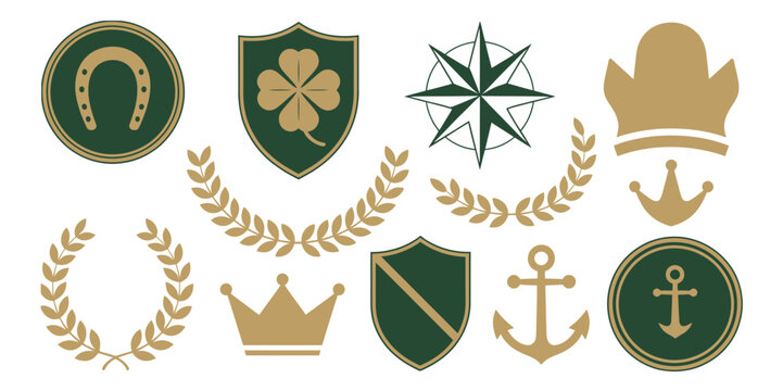 Vintage lucky charm badges flat vector illustration, emerald gold horseshoe icon, circular crest shape, four leaf clover motif, shield emblem star, gold coin wreath, ribbon banner, crown anchor symbol