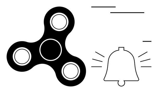 Stress relief, notifications, mindfulness, relaxation tools, alerts, playful elements. Black fidget spinner next to a ringing bell icon. Stress relief and notifications concept