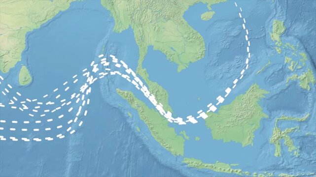 Animated global shipping routes map showing maritime trade paths across indian ocean southeast asia and pacific ocean with dynamic dotted lines and navigation concept