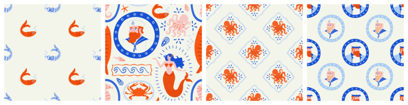 Vintage hand drawn marine seamless pattern illustration set. Retro style sea life cartoon background collection. Summer vacation surface print design includes mermaid, fish, sailor.