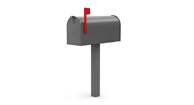 Gray residential mailbox with red flag.