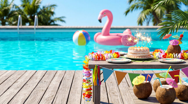 Summer Pool Party Birthday Decoration with Cake and Tropical Drinks Poolside, close-up with copy space on left