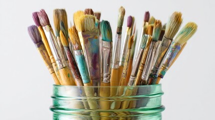 Fototapeta premium A collection of paint brushes, varying in size and shape, stand upright in a clear, textured green glass jar against a white background