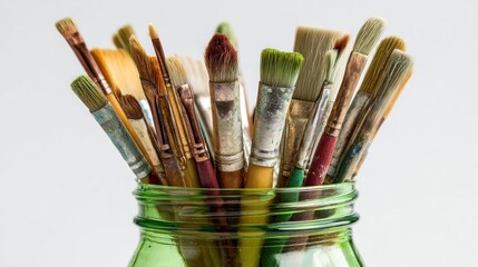 Obraz premium Assortment of used paintbrushes densely arranged in a green glass jar