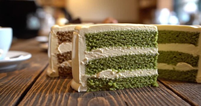 Close-up of layered green cake slices on a wooden table with coffee cups in a cozy caf? setting